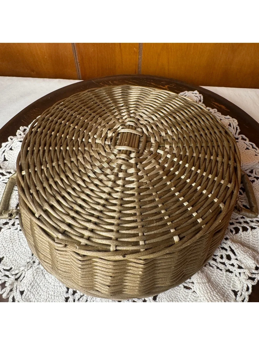 Round Woven Basket With Handles Antiqued Gold Wicker Farmhouse Centerpiece